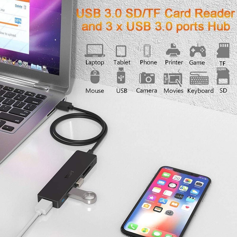 TSUPY USB Hub 3.0 Splitter, TSUPY USB 3.0 Hub Multi USB Adapter Port Expander with 4ft Cable, SD/TF Card Reader & 3 USB 3.0 Ports Compatible for PC, Laptops, Surface Pro, MacBook, iMac Pro - Image 4